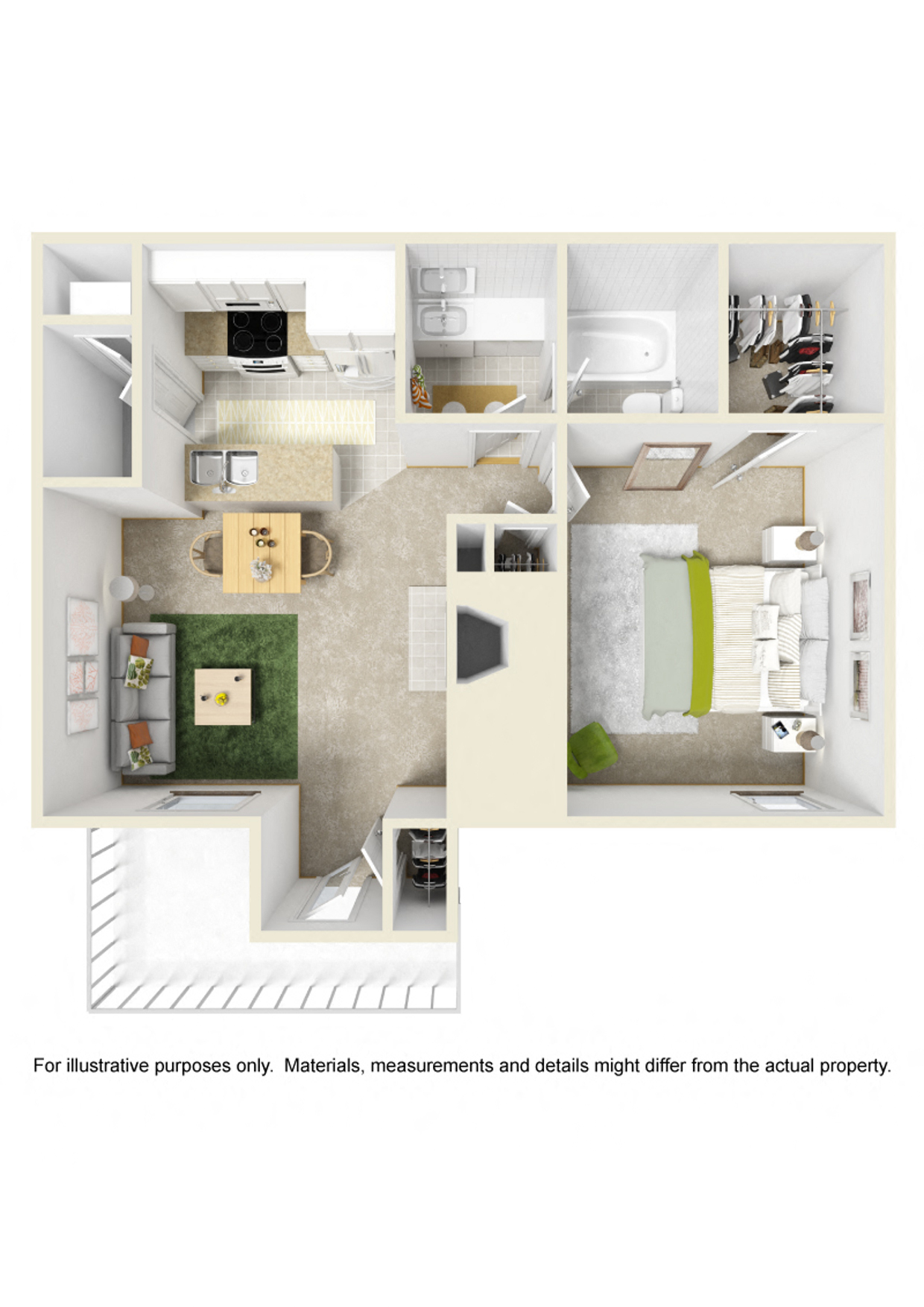 Floor plan for 1 bed, 1 bath, 600 sqft